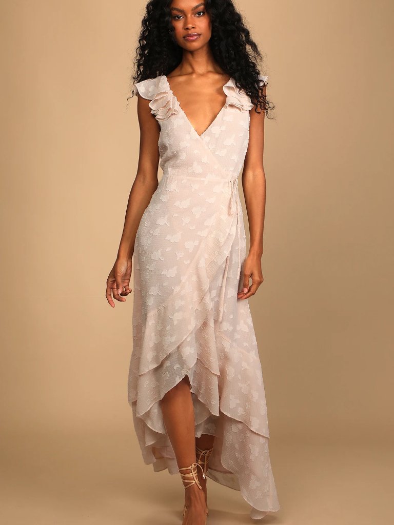 Anthropologie If By Sea Jacquard Wrap High Low Tiered Midi Dress Pale Pink Xs